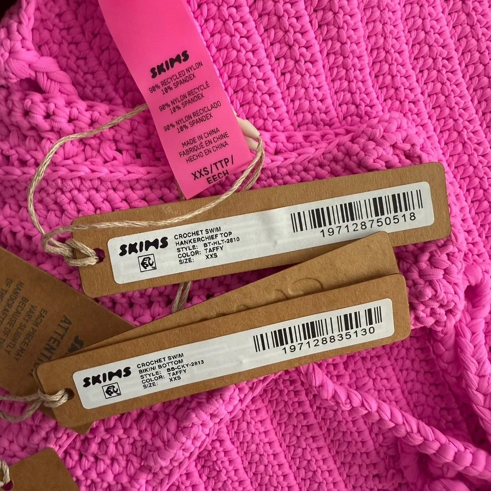 Skims Crochet Swim Bikini SET Top & Bottom Sz XXS Taffy Pink Stretch NWT